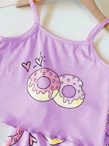 Chatreadl Hermoso conjunto de 2 piezas para niña con estampado de rosquillas: top tipo chaleco rosa refrescante y shorts a la cintura, adecuado para primavera, verano y otoño