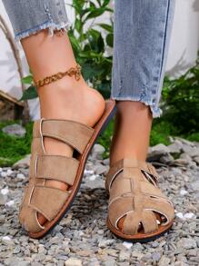 European&American New Hollow Out Woven Flat Slide Sandals With Buckle, Versatile To Pair With Dresses, Casual Beachwear, Retro Style Slip-On Open Toe Breathable Non-Slip Mules For Women