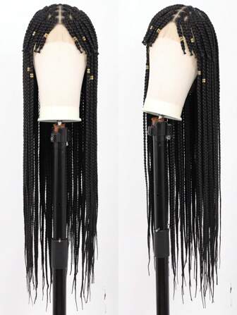 Full Double Lace Front Box Braided Wigs With Braided Bangs For Women 35 Inches Knotless Cornrow Braids Lace Frontal Wig Synthetic Hand Braided Wig Daily Used