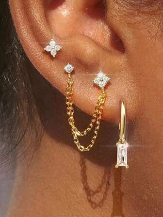 3 Pcs 24K Gold Plated Cubic Zirconia Chain Drop Dangle Earrings For Women Colorful Flower Stud Earrings For Women Earrings Set