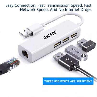 宏碁四合一 USB 集线器，USB 转 RJ45 以太网接口，3 个 USB 数据端口，支持 100W PD 快充，传输速度高达 10Gb/s，兼容笔记本电脑、台式机、平板电脑、手机，扩展坞型号 A401-BS