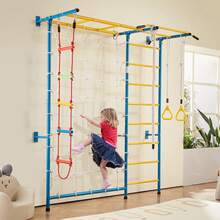 Indoor Jungle Gym For Toddlers, 7-In-1 Climbing Playset With Carbon Steel Swedish Ladder, Wall Ladder, Pull-Up Bar, Rope Ladder, And Gymnastic Rings, Supports 220 Lbs, Multicolor - 7-in-1 Set, Blue, Yellow, and Red - View 1
