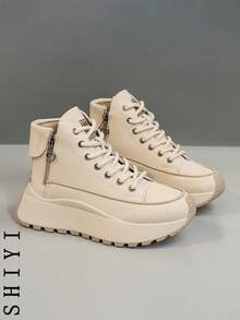 [Thick Sole & Tall Series] 2025 Spring Break New Women's Casual Shoes, Thick-Sole Shoes, White Sneakers, Comfortable Sports Shoes, 6cm Height Increase, Party Shoes Suitable For Petite Women, Sports Style, Solid Color, Preppy, Holiday, Neutral Fashion, Casual, Outdoor, Western, Criss-Cross, Side Zipper, Festival, Wedding, Holiday Party, Office, Outdoor