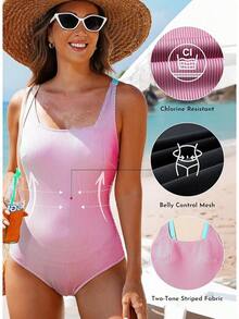 Traje de baño Aleumdr para mujer con control del abdomen, bañador de mujer de cuello cuadrado acanalado, traje de baño de moda para mujer - Rosa - Ver 2