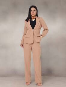 WUUW Women Office Formal Suit Set, Elegant Business Formal Set, 2 Piece Set, Plain/Button/Pocket/Zipper/Office - Màu Khaki - Xem 1