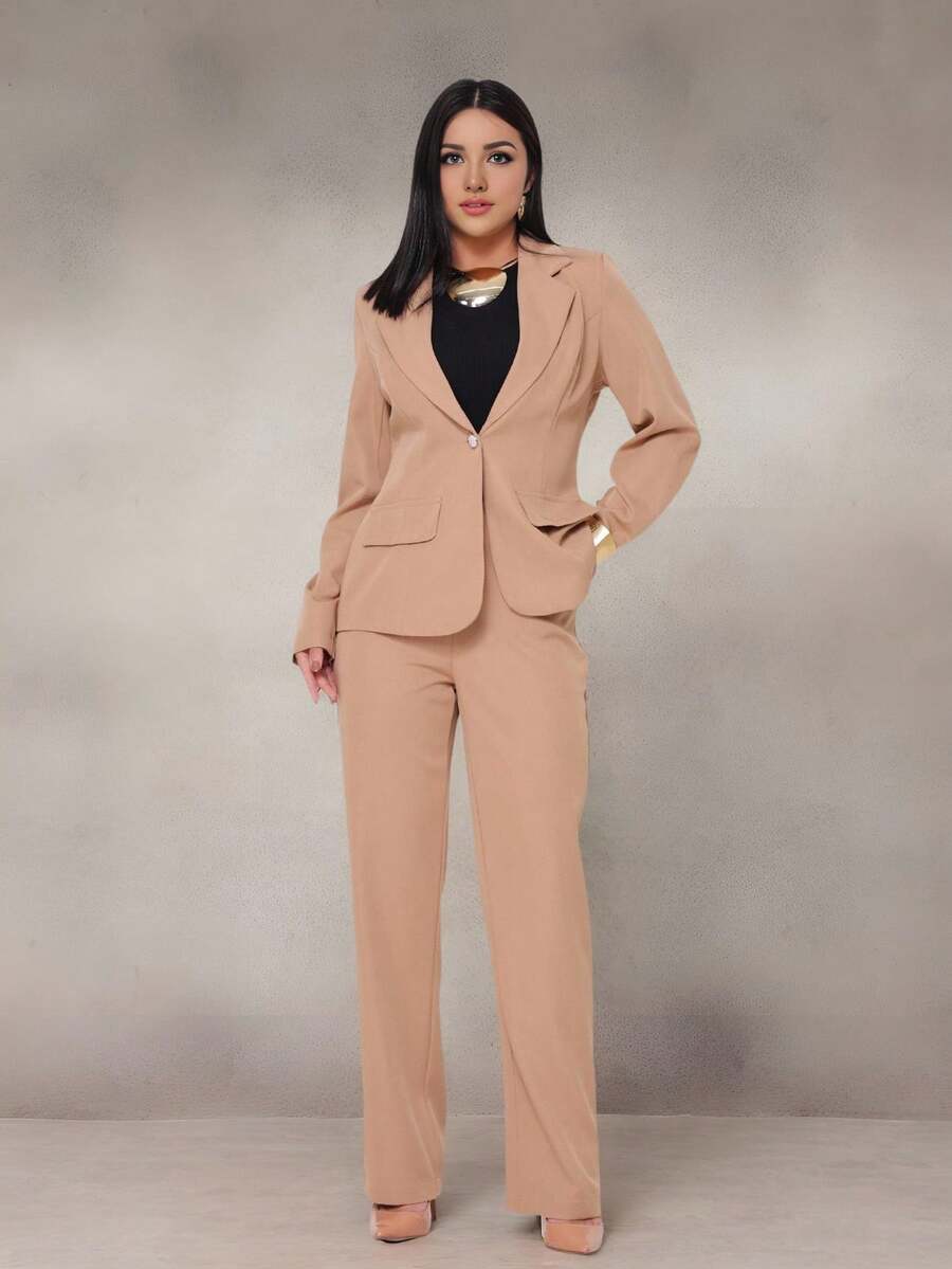 WUUW Women Office Formal Suit Set, Elegant Business Formal Set, 2 Piece Set, Plain/Button/Pocket/Zipper/Office - Màu Khaki - Xem 1