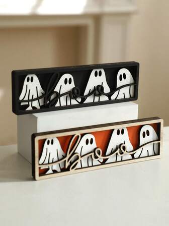1 件万圣节鬼魂木牌 - 可爱的黑白鬼魂雕像，质朴的万圣节桌面装饰，适合家庭、办公室、派对的怪异分层托盘装饰