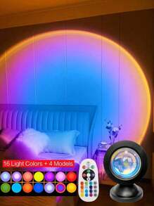 1 pieza Lámpara proyector de atardecer de 16 colores con control remoto y alimentación USB - 4 ajustes de modo, para fotografía, selfie, fiesta, decoración del hogar - excelente regalo para mujeres, niñas, bodas, Halloween, Navidad