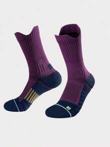 1/2 Pairs Purple Mesh Crew Socks For Men, Professional Basketball, Outdoor Sports, Moisture Wicking, Non-Slip, Cushioned, Elastic, Breathable, Fall