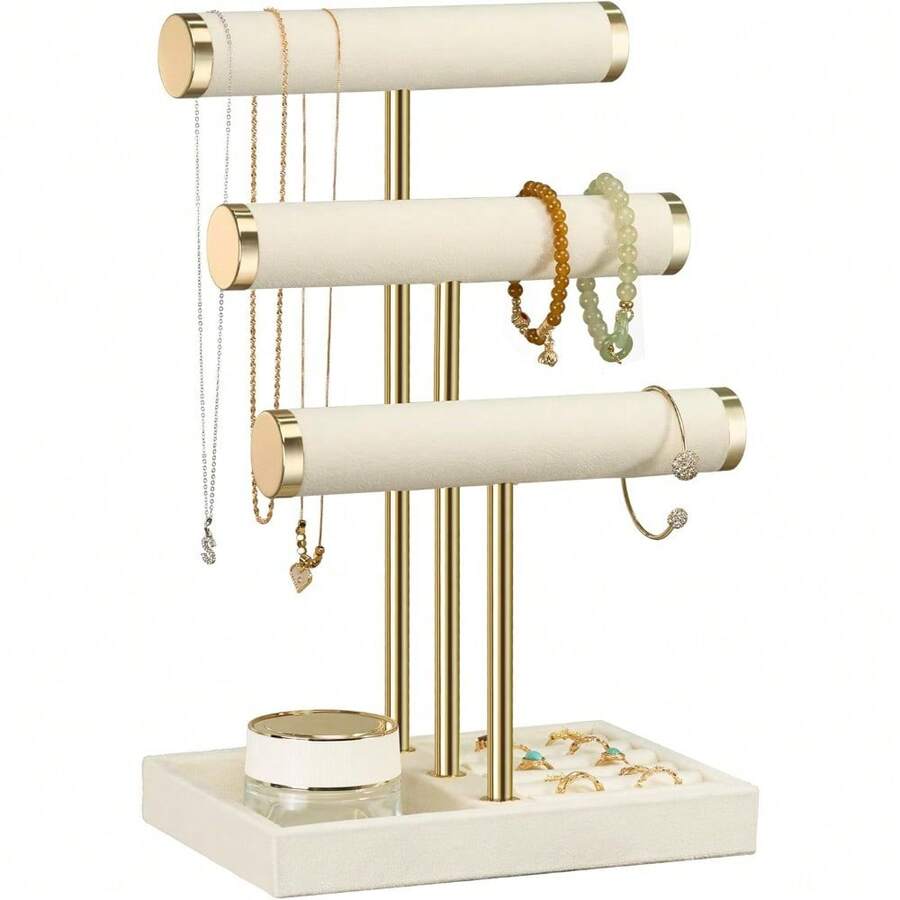 3 Tier Bracelet Holder Display - Detachable T Bar Beige Velvet Bracelet Holder, Jewelry Holder Organizer For Bracelet, Necklace, Watches, Rings