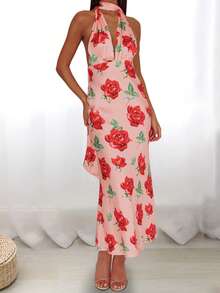 Women's Summer Halter Long Dress Floral Print Backless Slim Fit Dress For Beach, Party - Pink - View 5