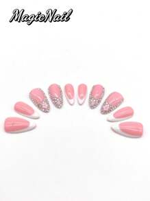 10 Pieces Of Pure Hand-Pressed Wearing Nails, 25mm Long Nail Pieces, Flesh Pink And White Contrasting Colors, Some Nail Pieces Are Covered With Glitter Diamond 3D Pink Flowers. Spring And Summer Style, Cute Nail Plate, Can Be Reused. It Is Suitable For Daily Leisure Vacations, And It Is Worn When Participating In Dances, Banquets, Parties, Shows And Other Activities.