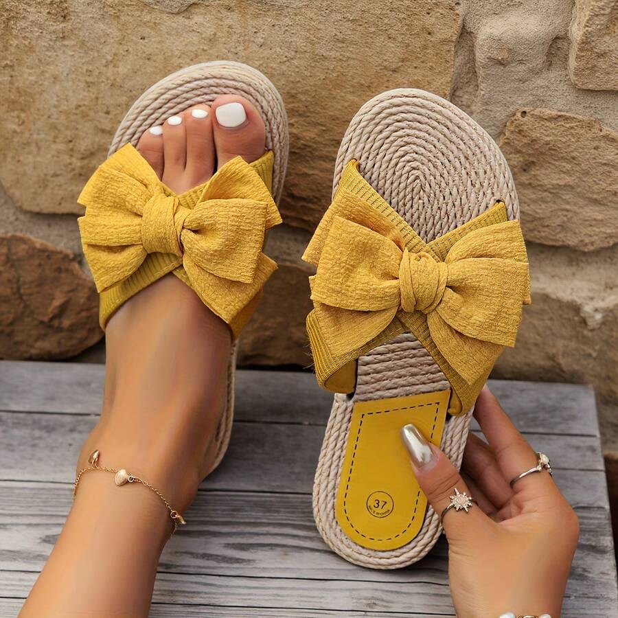 2024年最新款蝴蝶结女式拖鞋休闲夏季凉鞋，女式轻便沙滩鞋 - 黃色 - 查看 1