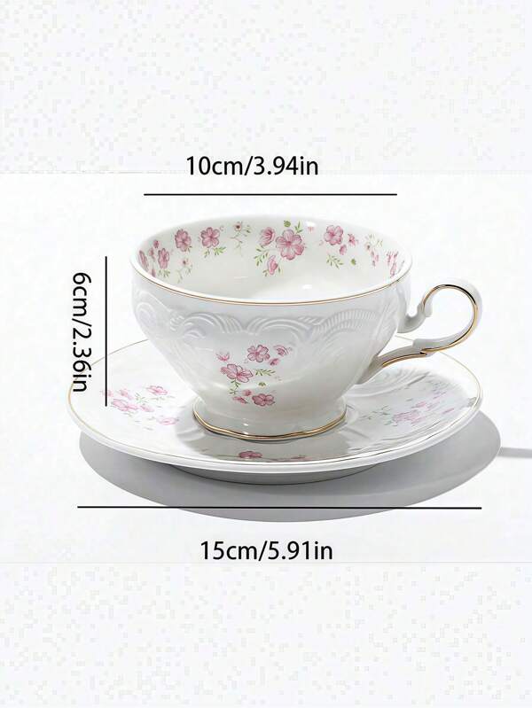 Floral Ceramic Coffee Cup And Saucer Set, French Vintage Flower Ceramic Teacup With Golden Rim, Countryside Cherry Blossom Tea Set, Suitable For Coffee, Juice, Drinks, Home, Guests, Gatherings, Gifts