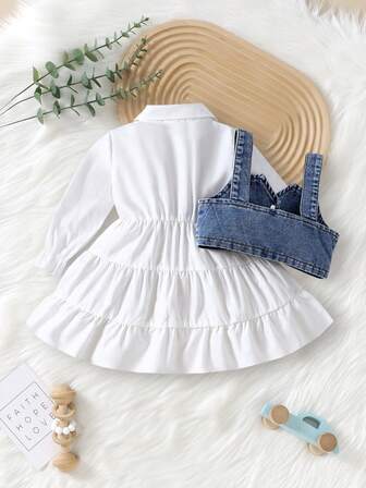 2 件套女童休闲连衣裙，时尚吊带上衣和翻领长袖连衣裙，适合幼儿和小女孩春秋季的时尚服装