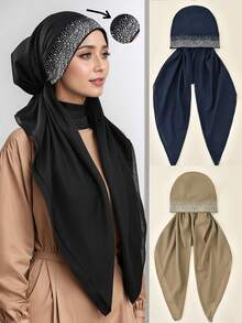 1pc Women's Rhinestone Decorated Triangular Headband Turban Scarf, Elastic Design For Instant Headwear, Fashion Versatile Soft Breathable Prayer Hijab, Suitable For Daily, All Seasons For Dress - Rhinestone Turban Hat - View 14
