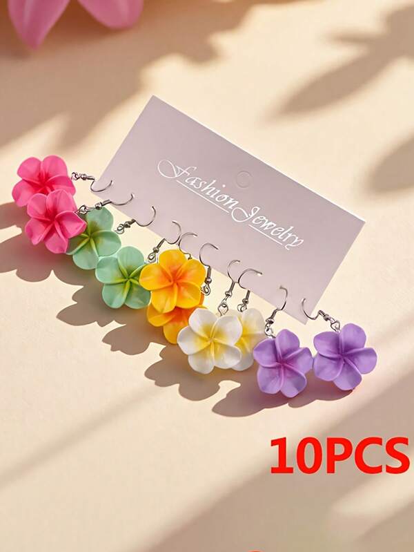 10 pièces Lot de boucles d'oreilles en résine à fleurs décontractées et mignonnes pour les filles, crochets d'oreilles en acier inoxydable, convenant comme cadeau de bijouterie pour la fête des mères et les amis