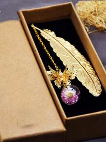 1 pieza Marcapáginas de metal con pluma, flor seca y hoja de mariposa creativa, artículos de papelería para estudiantes, regalo del Día del Maestro, elegantes suministros de oficina