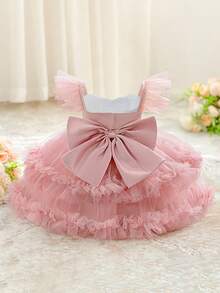 女婴V领蝴蝶结荷叶边网纱婚纱，适合生日派对，不含头饰