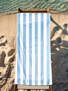 1pc Vibrant Light Blue Striped Beach Towel, Super Absorbent Microfiber Extra Large Beach Blanket, Suitable For Travel, Pool, Diving, Surfing, Yoga, Camping, Available In Multiple Sizes, Beach Accessory Beach Essentials