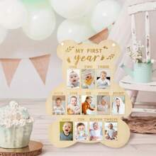 1 pieza Exhibidor de foto de hitos del primer año del bebé, placa conmemorativa del crecimiento de recién nacido mensual - Marco de fotos para colgar en la pared de madera, decoraciones para fiesta de baby shower, decoración de habitación, regalos para fiestas para niños, decoración de guardería (43*30cm/17*12in), incluye cinta y cuerda