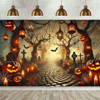 1 fond de drapeau, toile de fond de chemin de lanternes d'Halloween, revêtement mural en fibre de polyester, utilisé pour la décoration intérieure et extérieure de la maison/fête, cadeau de vacances, sans besoin d'électricité