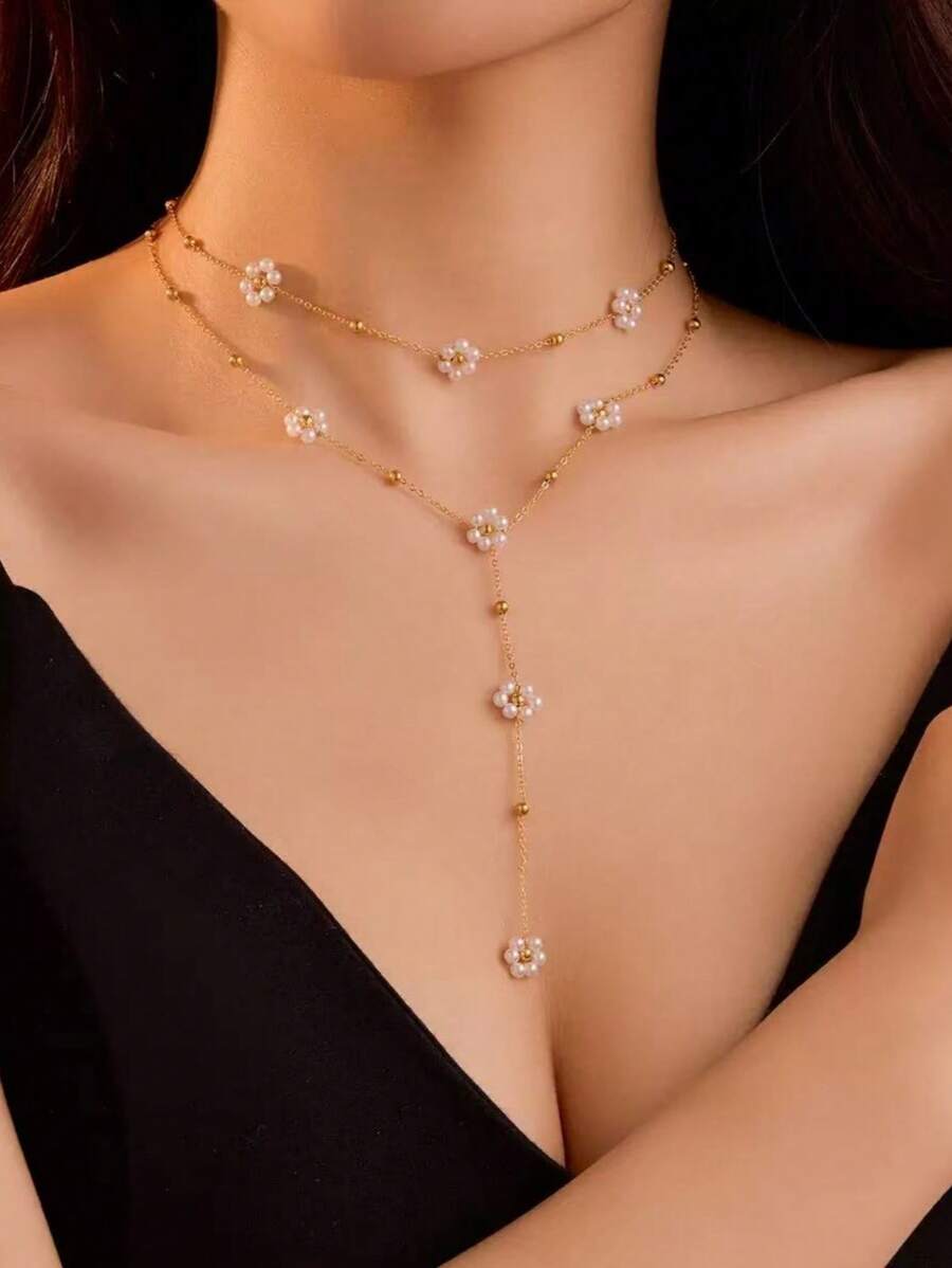 2 Stücke Mode Edelstahl Faux Perle Blume Dekor Kette Halskette, goldfarben plattierte Y-förmige Kette Halskette, eleganter minimalistischer Stil, geeignet für Damen und Herren für den täglichen Gebrauch
