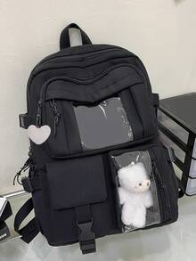 New Cute Kawaii Simple Solid Color Backpack, Multi-Pocket Multi-Function With Bear Pendant, Suitable For Back To School Season, Nylon Material Double Zipper Lightweight Large Capacity Foldable Bag, Including Backpack And Waist Bag, Very Suitable For Teenagers To Go To School, Daily Travel, Shopping, Travel And Vacation, Etc. - Ruby 8016+ Love Pendant - View 5