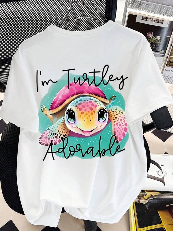Camiseta informal de estilo simple para niña preadolescente, con estampado de tortugas marinas de dibujos animados en estilo playero, cuello redondo, manga corta, para vacaciones de verano en la playa, nueva blusa de manga corta para niñas en verano