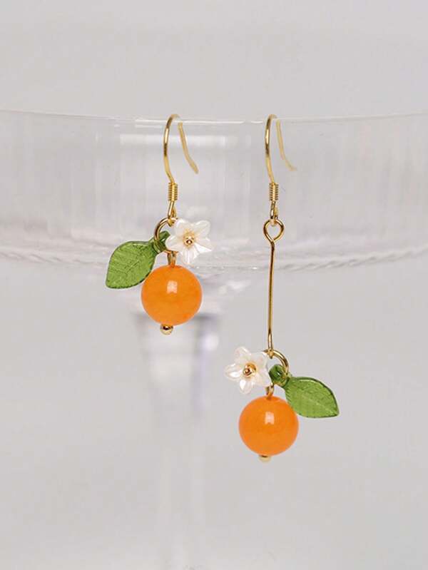2 PCS Summer Cute Handmade Jade Orange Fruit Flower Asymmetrical Clip Drop Earrings For Women Daily Wear