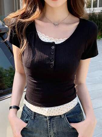 Women's Solid Color Button Half Placket Short Sleeve Casual T-Shirt, Summer Black