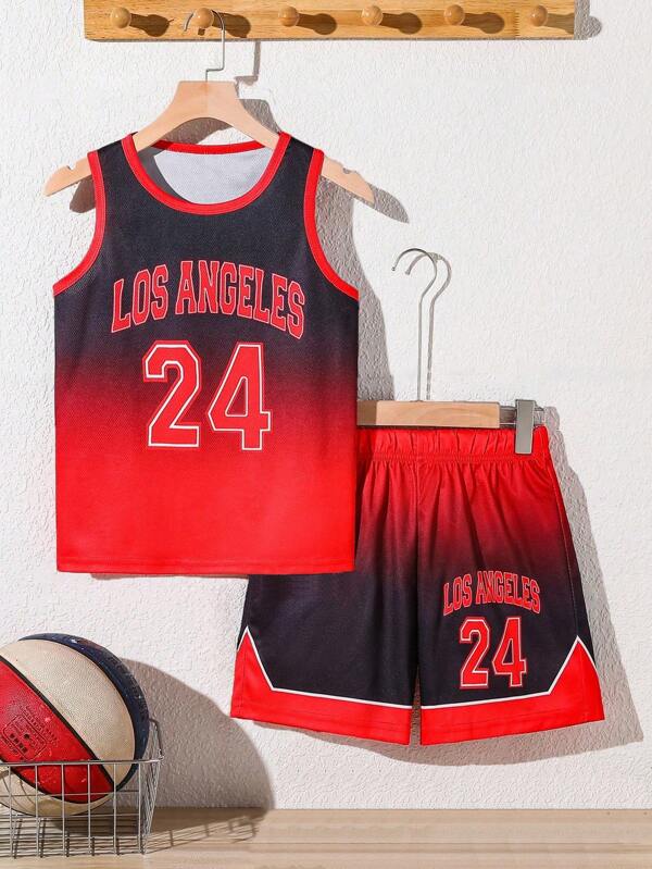 Set casual de 2 piezas para niños con camiseta de tirantes con estampado de letra y número de Los Ángeles, y pantalones cortos a juego, de secado rápido y transpirable, para primavera/verano