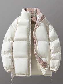 Men's Fashionable Versatile Plaid Contrast Color Lining Casual Outdoor Thick Warm Padded Coat With Water-Resistant Stand Collar, Winter