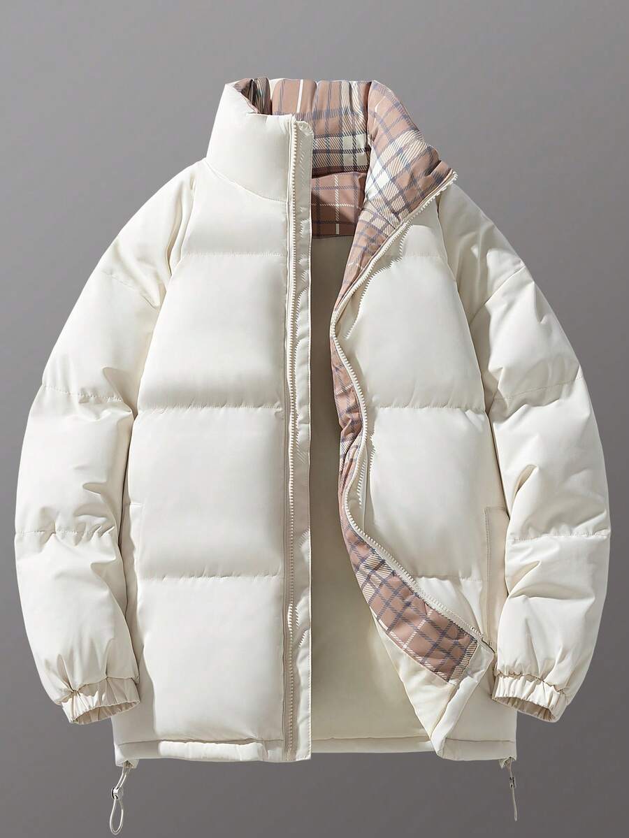 Men's Fashionable Versatile Plaid Contrast Color Lining Casual Outdoor Thick Warm Padded Coat With Water-Resistant Stand Collar, Winter