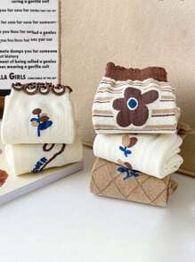 5 Pares (Cores/Padrões Aleatórios) Meias de Bezerro para Mulheres no Estilo Countryside com Desenho de Gato, Coelho Azul e Flor, Fofas e Confortáveis, Novos Estilos