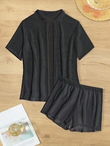 Conjunto De 2 Piezas Con Blusa Y Pantalones Cortos Para Mujer - Negro - Ver 4