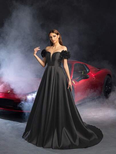 Elegante vestido de novia de boda | Encantador escote de hombros abiertos y detalles florales en los hombros - Cintura ceñida, escote en V profundo, falda larga y fluida, volantes en los laterales, lazo ajustable en la espalda, adecuado para banquete nupcial, sesión de fotos glamorosa y gala nocturna soñada.