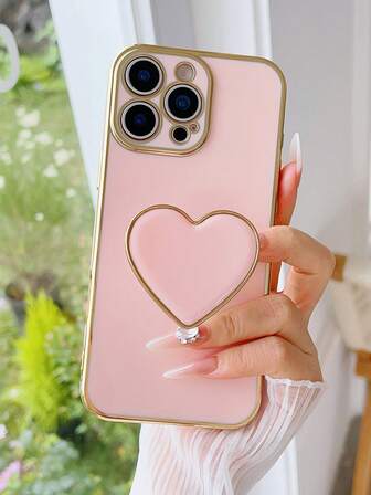 Soporte con forma de corazón chapado y funda de teléfono chapada, compatible con iPhone 17 16e 15 14 13 12 11 XS XR X 7 8 Plus Pro Max, Galaxy S25 S24U S23 A55 A54 A35 A25 A15 A16 A17 A07 A06, REDMI NOTE 14/13/12/11/10/9/8 A5/A3, funda protectora enchapada