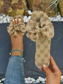 Women's Solid Color Flat Slippers With Bow Decoration, Casual Indoor And Outdoor Cloth Sandals, Fashionable And Comfortable, Bohemian Bow Design