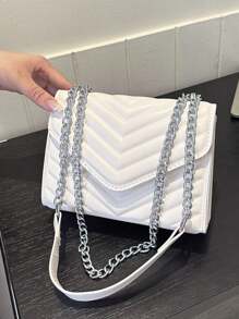 Bolso de hombro cuadrado con decoración en V de metal, bolso de cadena acolchado con solapa para la noche con cadena desmontable, nuevo bolso y monedero de piel sintética de unicolor, ligero bolso de mensajero para la oficina, compras y casual para teléfono y monedas