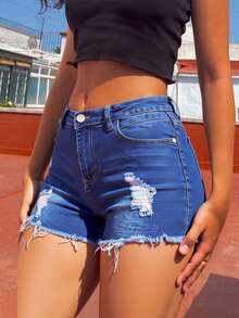 Short vaqueros rotos para mujeres de color azul, tela transpirable y cómoda, ideales para estilos casuales y veraniegos - Azul lavado oscuro - Ver 1