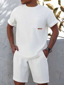 Men's Simple Solid Color Short Sleeve Shorts 2 Pieces Set - White - View 1