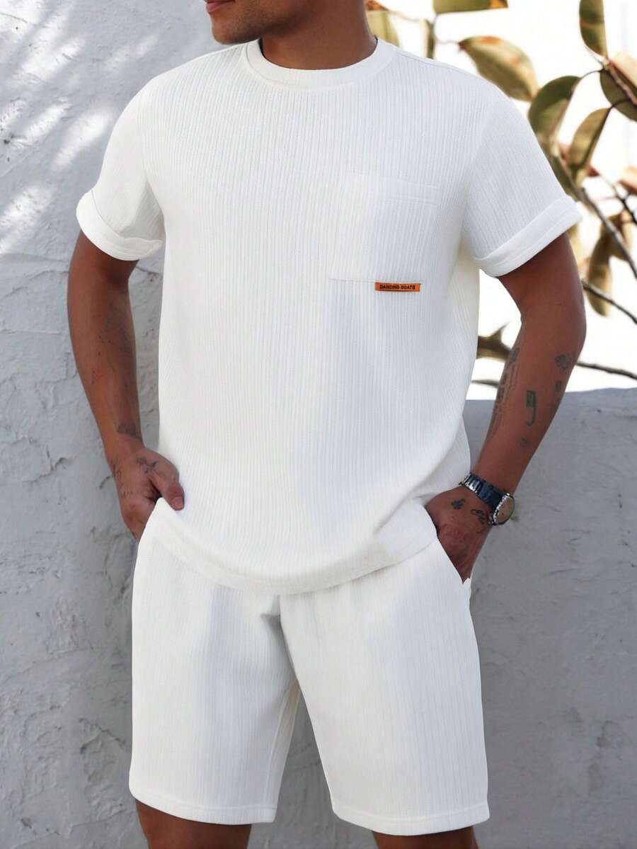 Men's Simple Solid Color Short Sleeve Shorts 2 Pieces Set - White - View 1
