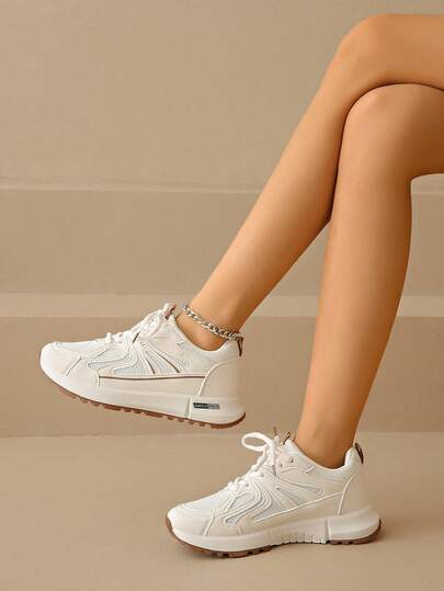 Women's Round Toe Lace-Up Thick Sole Student Casual Comfort Increased Height Chunky Sneakers