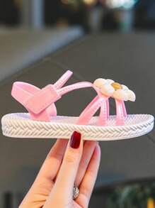 1 Pair Girls Summer Flower Decorated Slip-On Slides, Convenient Hook & Loop Closure, Wear Indoors Or Outdoors