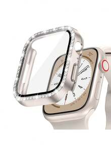 2 Stück/Set Sternenlicht Farbe Herren Damen modische weiche bequeme verstellbare Silikon Sport Armband & Strass Dekor Anti-Sturz 2 in 1 Ultra-dünne gehärtete Glas Bildschirmschutz Hülle, kompatibel mit Apple Watch Armband 38/40/41/42/44/45/46/49mm, für Apple Watch Series Ultra/SE/11/10/9/8/7/6/5/4/3/2/1, intelligentes Uhr Zubehör - Sternenlichtfarbe - Übersicht 5