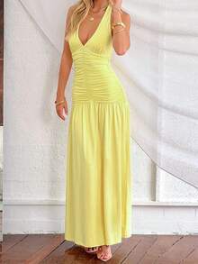 Women's Summer Solid Deep V-Neck Pleated Sexy Elegant Dress - Yellow - View 2