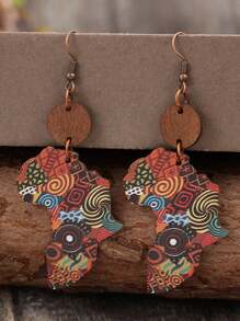 1 Pair New African Culture Map Wooden Earrings, Retro Style Earrings For Women