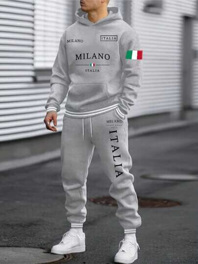 2025 Autumn/Winter New Arrival Hot Selling Item, Fashionable Italian Monogram Print Sporty Sweatshirt Set With Adjustable Drawstring Pants, Suitable For Workout, Casual, Daily Wear, Unisex, Also Suitable For Couples