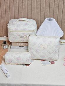 Pink Quilted Large-Capacity Makeup Pouch For Women, Minimalist And Fashionable Girl's Bathroom Bag, Storage Bag, Digital Bag, Pen Holder, Suitable For School, Office, Outings, An Ideal Gift For A Girl - Multicolor - View 3